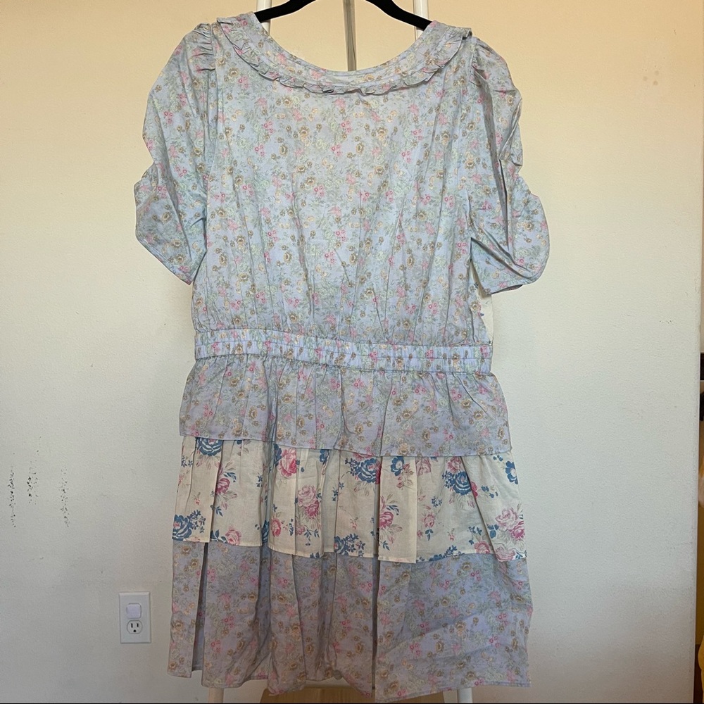 LoveShackFancy Pastel Floral Tiered Mini Dress in Light Blue and Cream - Picture 8 of 9